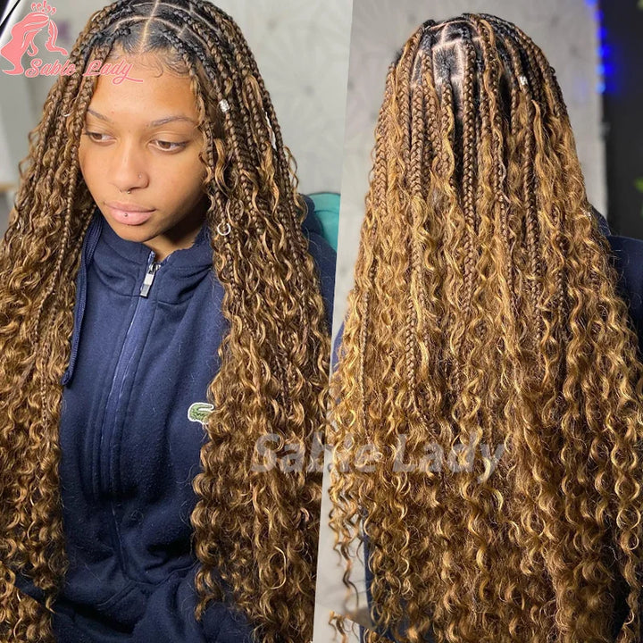 Boho Braided Wigs Synthetic Full Lace Front Wigs Blonde Curly Ends Hair Goddess Locs Cornrows Braid Wigs Knotless Box Braids Wig - Vogue Vista UK
