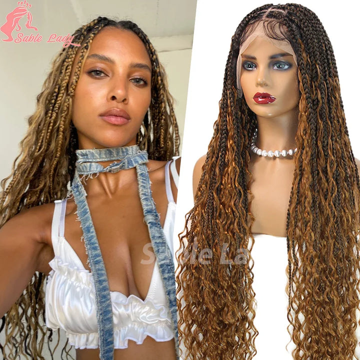 Boho Braided Wigs Synthetic Full Lace Front Wigs Blonde Curly Ends Hair Goddess Locs Cornrows Braid Wigs Knotless Box Braids Wig - Vogue Vista UK