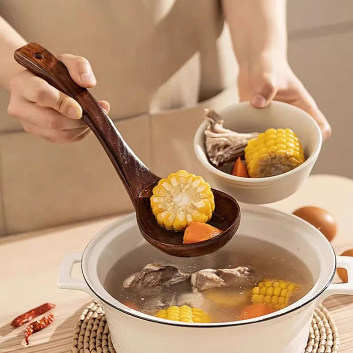 Teak Wooden Ladle Spoon Kitchen Serving Spoon With Back Hooks Non-stick Wooden Soup Ladle   For Cooking Serving And Stirring - Vogue Vista UK