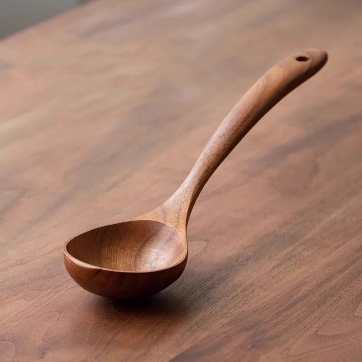 Teak Wooden Ladle Spoon Kitchen Serving Spoon With Back Hooks Non-stick Wooden Soup Ladle   For Cooking Serving And Stirring - Vogue Vista UK