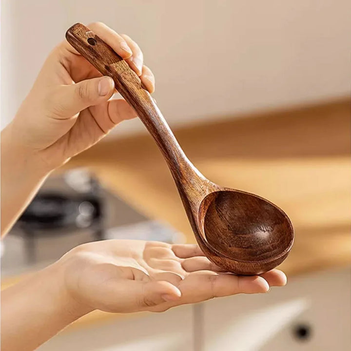 Teak Wooden Ladle Spoon Kitchen Serving Spoon With Back Hooks Non-stick Wooden Soup Ladle   For Cooking Serving And Stirring - Vogue Vista UK