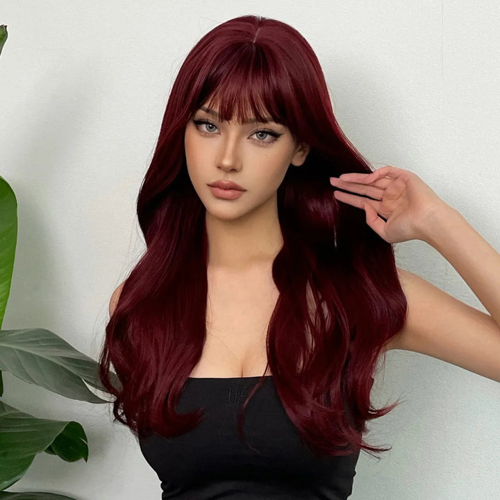 New wine red synthetic wig with bangs big waves long curly hair daily holiday wig high temperature silk full head cover - Vogue Vista UK