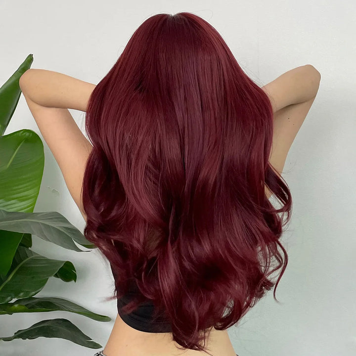New wine red synthetic wig with bangs big waves long curly hair daily holiday wig high temperature silk full head cover - Vogue Vista UK