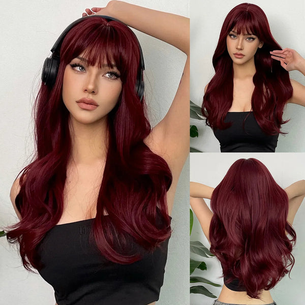 New wine red synthetic wig with bangs big waves long curly hair daily holiday wig high temperature silk full head cover - Vogue Vista UK