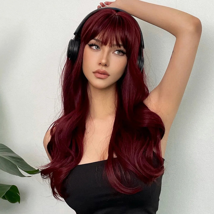 New wine red synthetic wig with bangs big waves long curly hair daily holiday wig high temperature silk full head cover - Vogue Vista UK