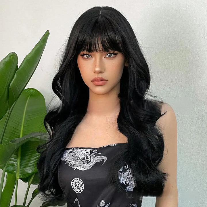 New wine red synthetic wig with bangs big waves long curly hair daily holiday wig high temperature silk full head cover - Vogue Vista UK