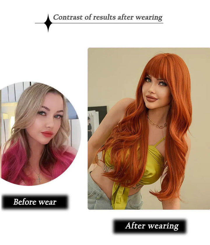 New wine red synthetic wig with bangs big waves long curly hair daily holiday wig high temperature silk full head cover - Vogue Vista UK