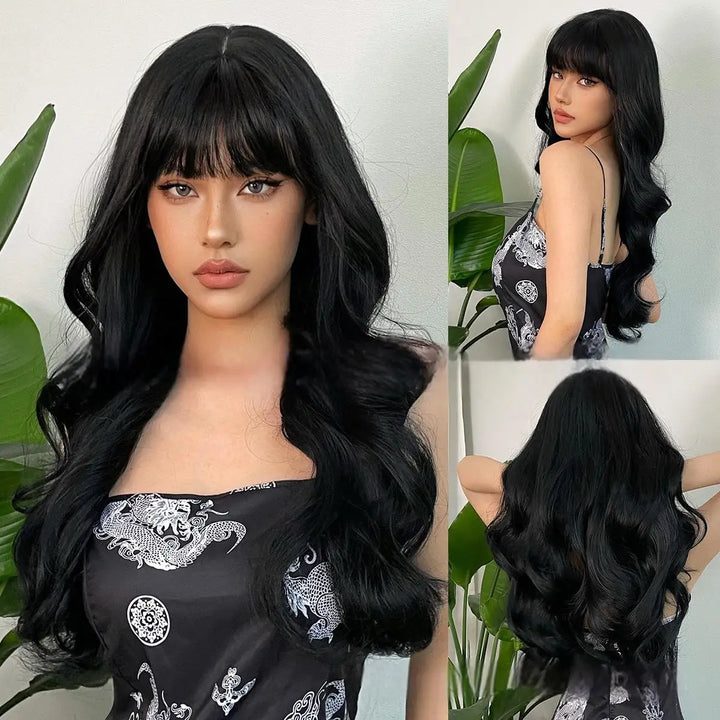 New wine red synthetic wig with bangs big waves long curly hair daily holiday wig high temperature silk full head cover - Vogue Vista UK