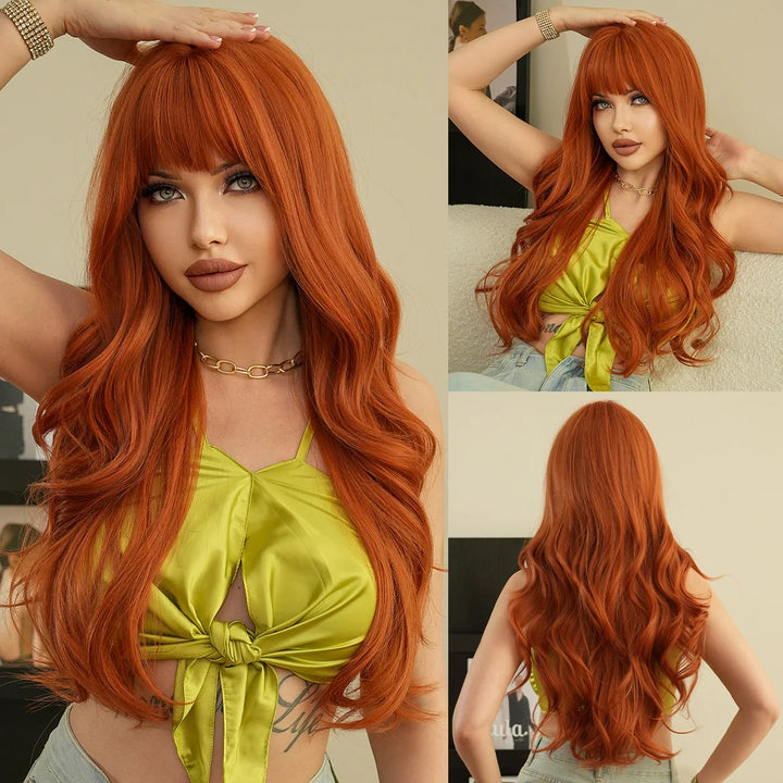 New wine red synthetic wig with bangs big waves long curly hair daily holiday wig high temperature silk full head cover - Vogue Vista UK