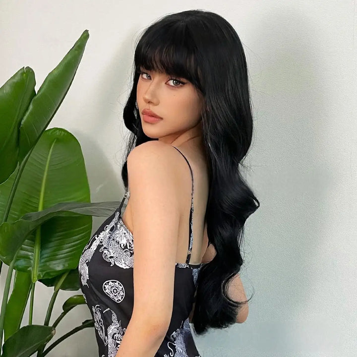 New wine red synthetic wig with bangs big waves long curly hair daily holiday wig high temperature silk full head cover - Vogue Vista UK