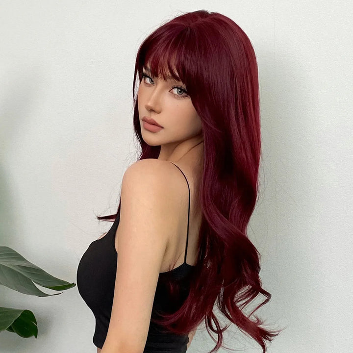 New wine red synthetic wig with bangs big waves long curly hair daily holiday wig high temperature silk full head cover - Vogue Vista UK