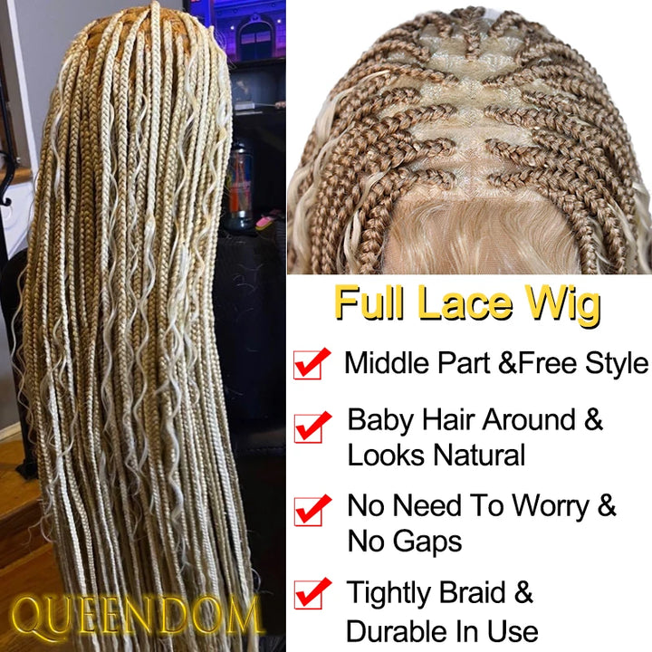 Synthetic Full Lace Bohemian Braid Wig 32 Inch Box Braids Goddess Wig With Curly Hair Ombre Blonde Gradation Cornrow Braided Wig - Vogue Vista UK
