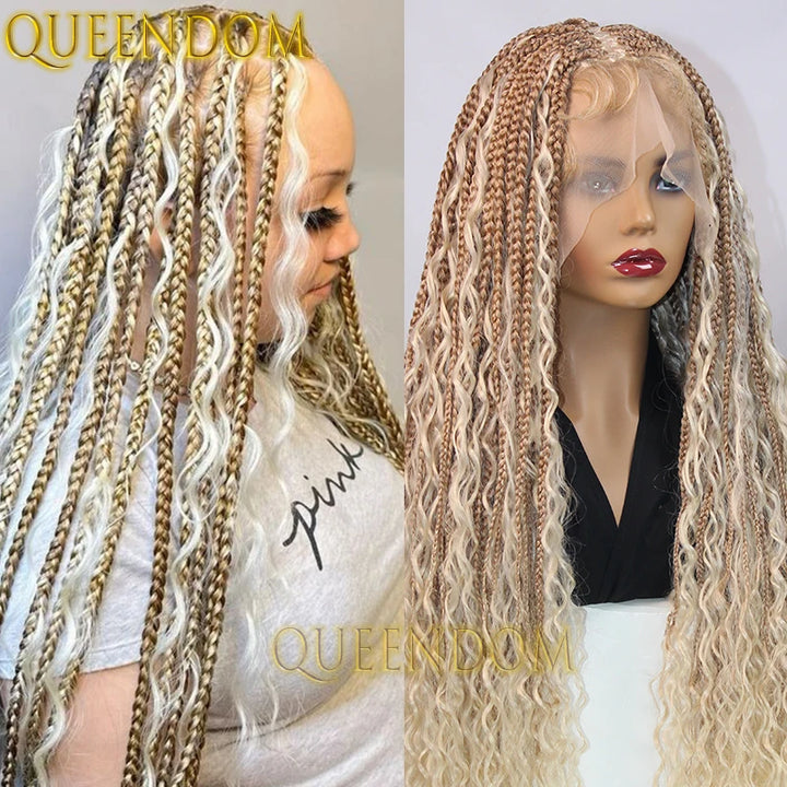Synthetic Full Lace Bohemian Braid Wig 32 Inch Box Braids Goddess Wig With Curly Hair Ombre Blonde Gradation Cornrow Braided Wig - Vogue Vista UK