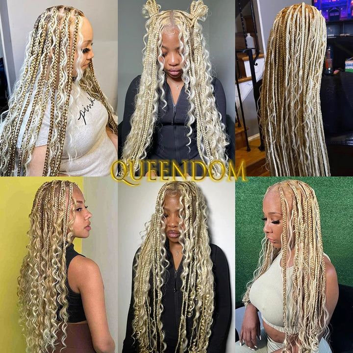 Synthetic Full Lace Bohemian Braid Wig 32 Inch Box Braids Goddess Wig With Curly Hair Ombre Blonde Gradation Cornrow Braided Wig - Vogue Vista UK