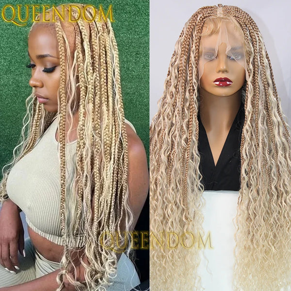 Synthetic Full Lace Bohemian Braid Wig 32 Inch Box Braids Goddess Wig With Curly Hair Ombre Blonde Gradation Cornrow Braided Wig - Vogue Vista UK
