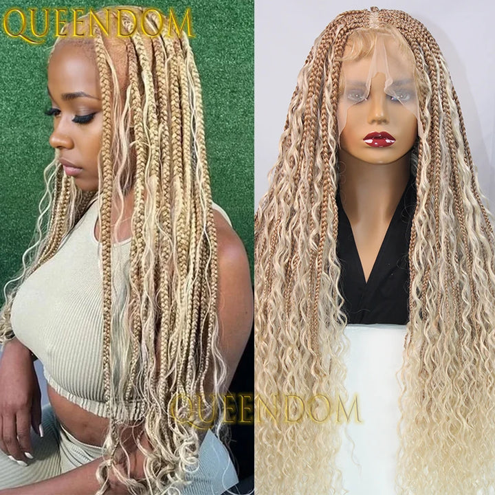 Synthetic Full Lace Bohemian Braid Wig 32 Inch Box Braids Goddess Wig With Curly Hair Ombre Blonde Gradation Cornrow Braided Wig - Vogue Vista UK