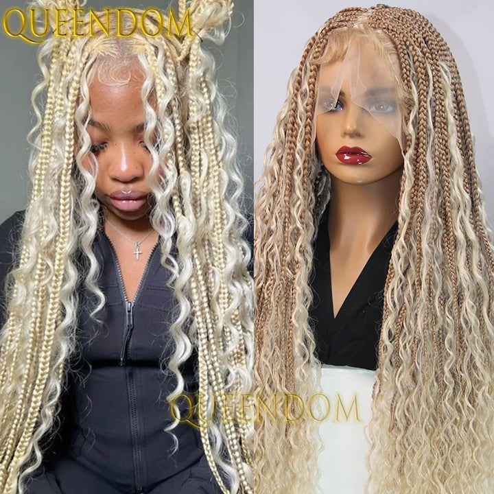 Synthetic Full Lace Bohemian Braid Wig 32 Inch Box Braids Goddess Wig With Curly Hair Ombre Blonde Gradation Cornrow Braided Wig - Vogue Vista UK