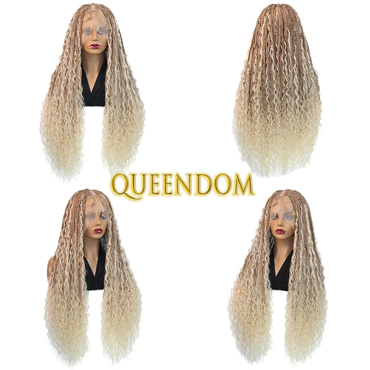 Synthetic Full Lace Bohemian Braid Wig 32 Inch Box Braids Goddess Wig With Curly Hair Ombre Blonde Gradation Cornrow Braided Wig - Vogue Vista UK