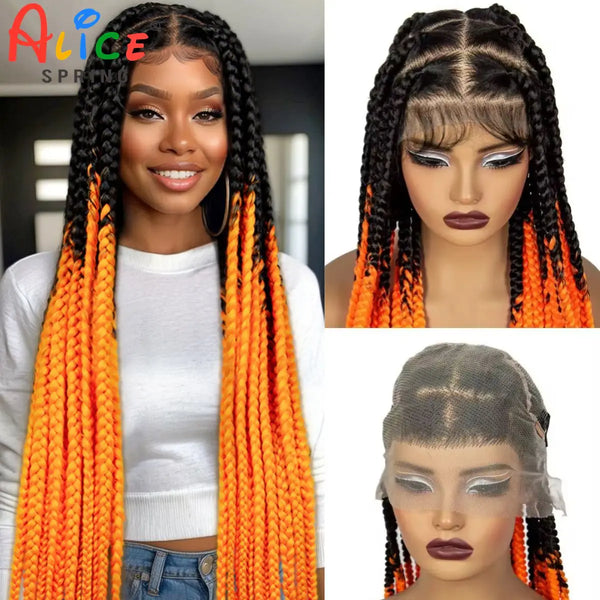36inch Orange Knotless Box Braided Wigs Synthetic Transparent Full Lace Braids Wig For Women Braided Lace Wig with Baby Hair - Vogue Vista UK