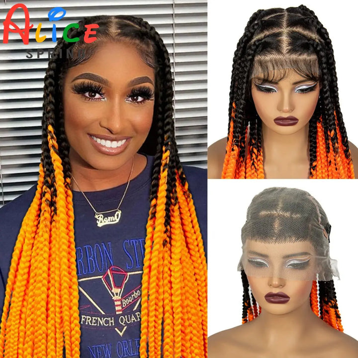 36inch Orange Knotless Box Braided Wigs Synthetic Transparent Full Lace Braids Wig For Women Braided Lace Wig with Baby Hair - Vogue Vista UK
