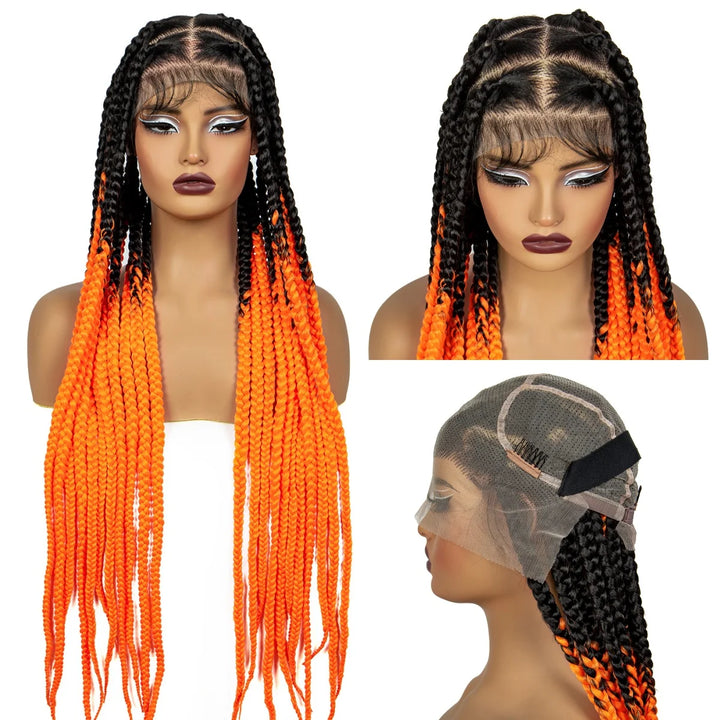 36inch Orange Knotless Box Braided Wigs Synthetic Transparent Full Lace Braids Wig For Women Braided Lace Wig with Baby Hair - Vogue Vista UK