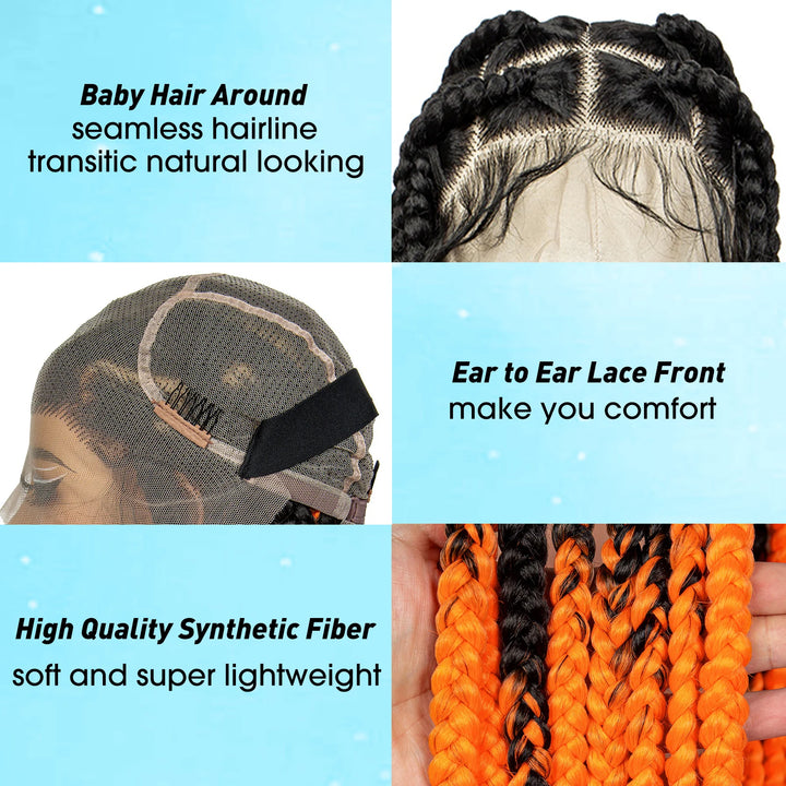36inch Orange Knotless Box Braided Wigs Synthetic Transparent Full Lace Braids Wig For Women Braided Lace Wig with Baby Hair - Vogue Vista UK