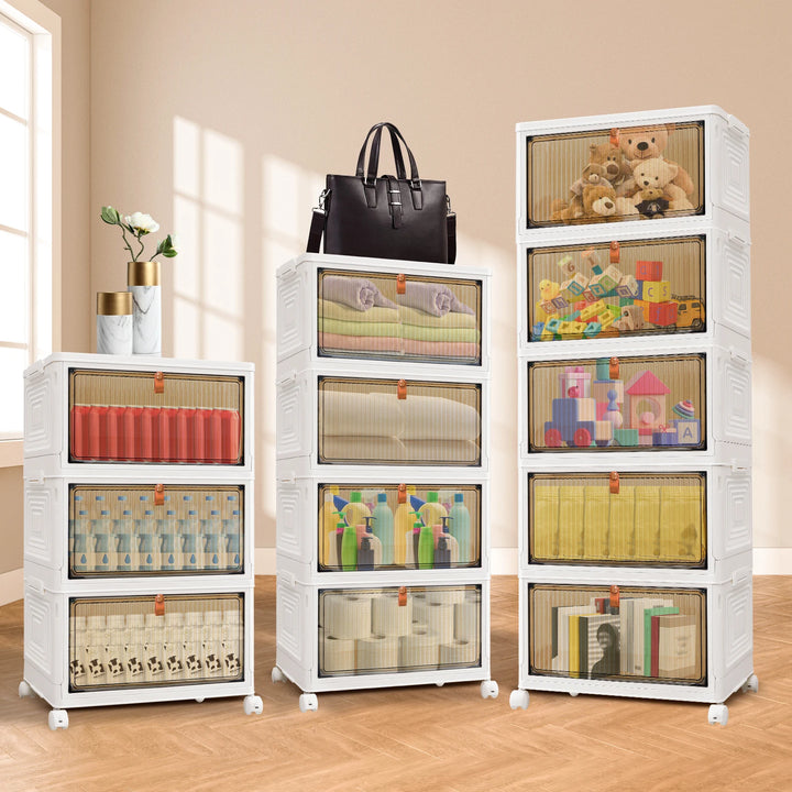 Stackable Plastic Storage Boxes Tower 3/4/5-Tier Drawers Large Folding Wardrobe Storage Organiser Cabinetwith Wheels & Lids - Vogue Vista UK