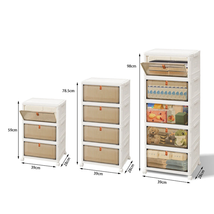 Stackable Plastic Storage Boxes Tower 3/4/5-Tier Drawers Large Folding Wardrobe Storage Organiser Cabinetwith Wheels & Lids - Vogue Vista UK