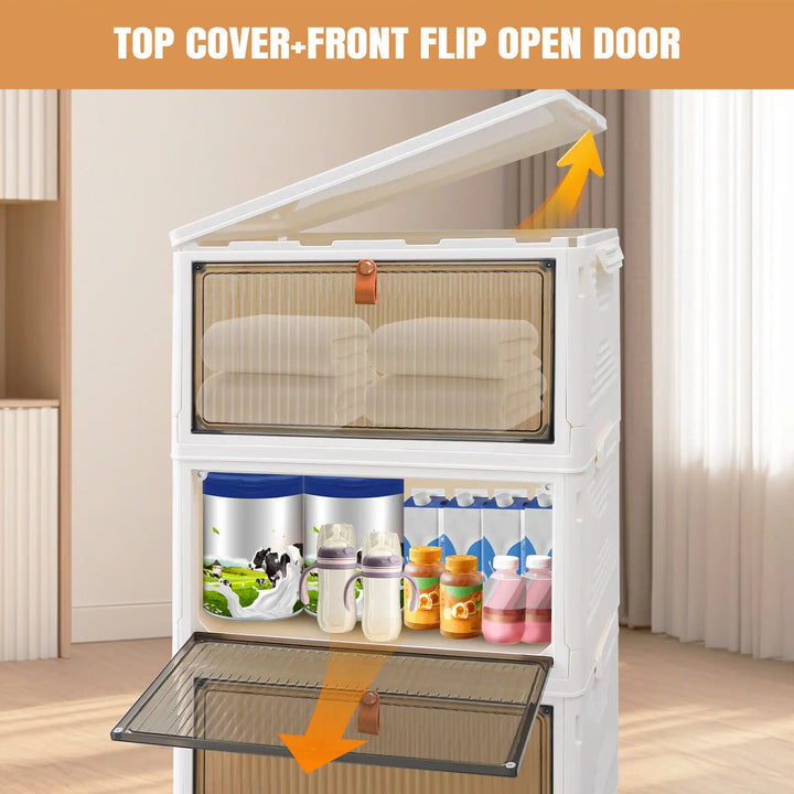 Stackable Plastic Storage Boxes Tower 3/4/5-Tier Drawers Large Folding Wardrobe Storage Organiser Cabinetwith Wheels & Lids - Vogue Vista UK