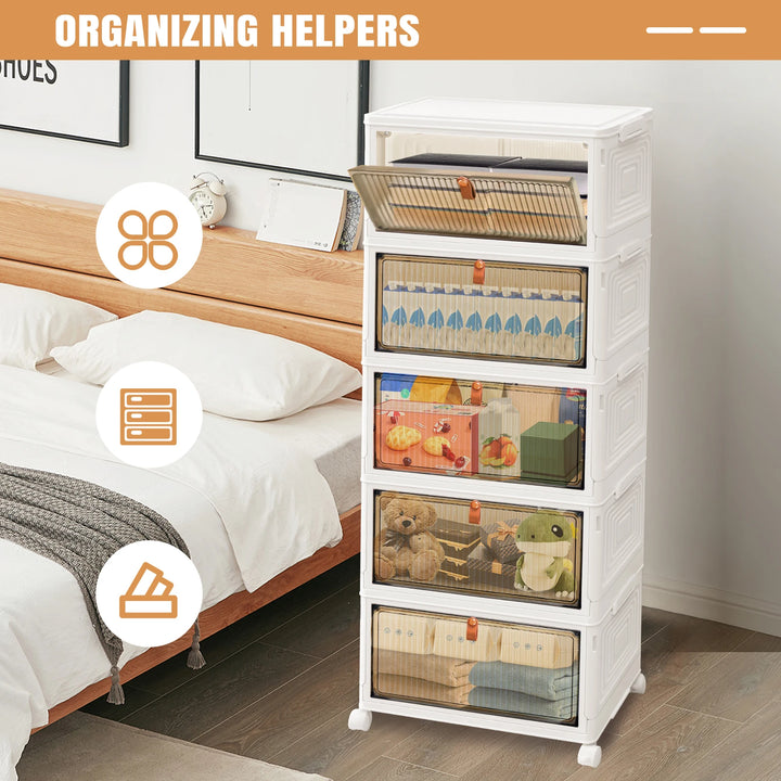 Stackable Plastic Storage Boxes Tower 3/4/5-Tier Drawers Large Folding Wardrobe Storage Organiser Cabinetwith Wheels & Lids - Vogue Vista UK