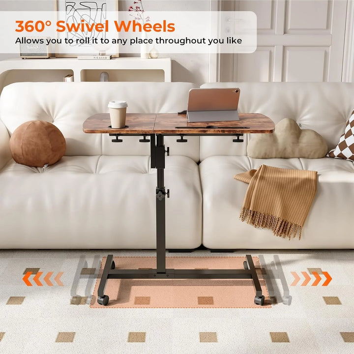 Height Adjustable Rolling Laptop Desk Over-bed Table with 2 Tilting Desktops, Mobile Bedside Sofa Side Table Standing Desk - Vogue Vista UK