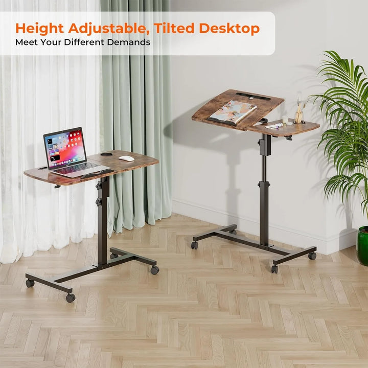 Height Adjustable Rolling Laptop Desk Over-bed Table with 2 Tilting Desktops, Mobile Bedside Sofa Side Table Standing Desk - Vogue Vista UK