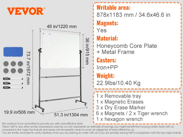 VEVOR Rolling Magnetic Whiteboard Double-Sided Mobile Whiteboard 360° Reversible Adjustable Height Dry Erase Board for School - Vogue Vista UK