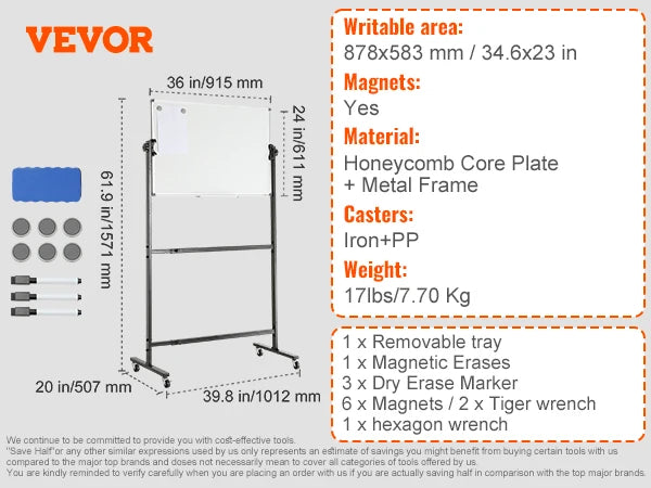 VEVOR Rolling Magnetic Whiteboard Double-Sided Mobile Whiteboard 360° Reversible Adjustable Height Dry Erase Board for School - Vogue Vista UK