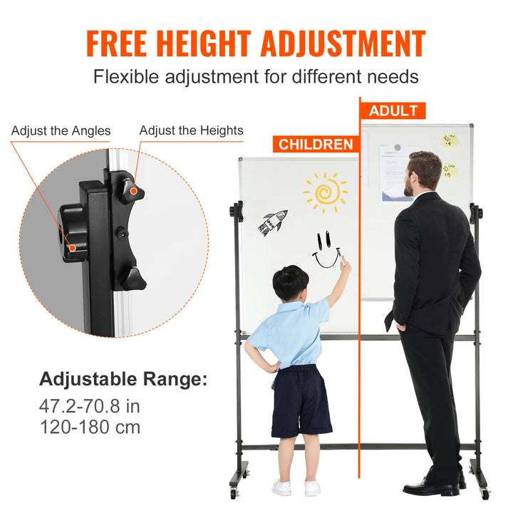 VEVOR Rolling Magnetic Whiteboard Double-Sided Mobile Whiteboard 360° Reversible Adjustable Height Dry Erase Board for School - Vogue Vista UK