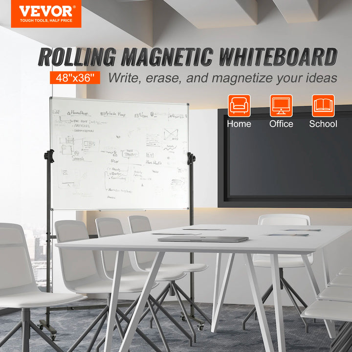 VEVOR Rolling Magnetic Whiteboard Double-Sided Mobile Whiteboard 360° Reversible Adjustable Height Dry Erase Board for School - Vogue Vista UK