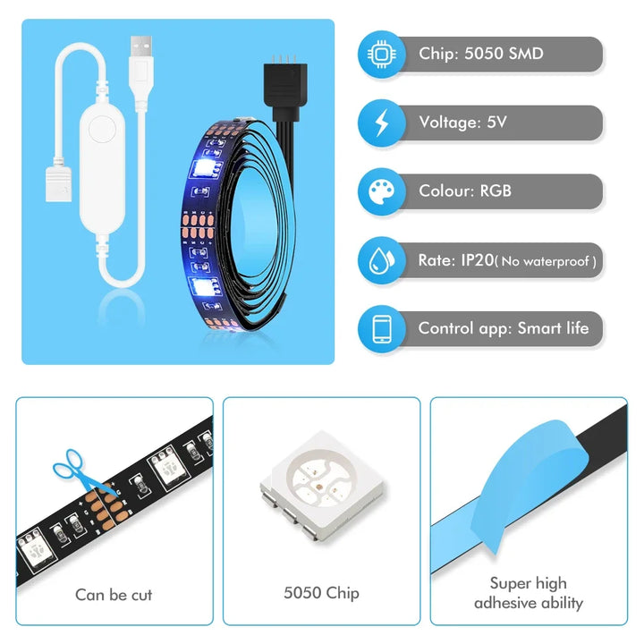 USB TV Led Strip Light RGB Tape Tuya Smart Wifi Flexible Light Lamp Screen TV Backlight Alexa Google Support - 50CM 1M 2M 3M 4M - Vogue Vista UK