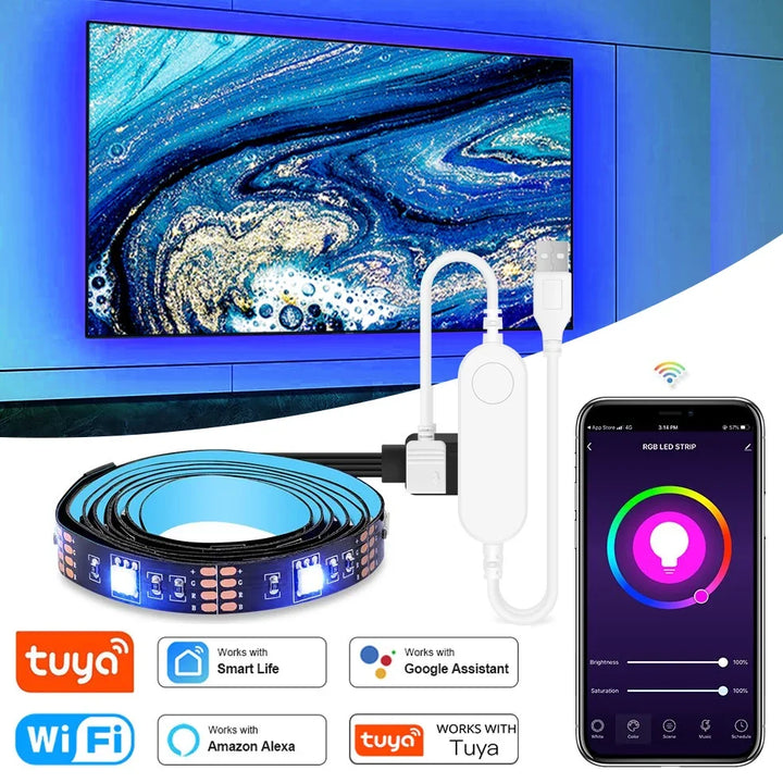 USB TV Led Strip Light RGB Tape Tuya Smart Wifi Flexible Light Lamp Screen TV Backlight Alexa Google Support - 50CM 1M 2M 3M 4M - Vogue Vista UK