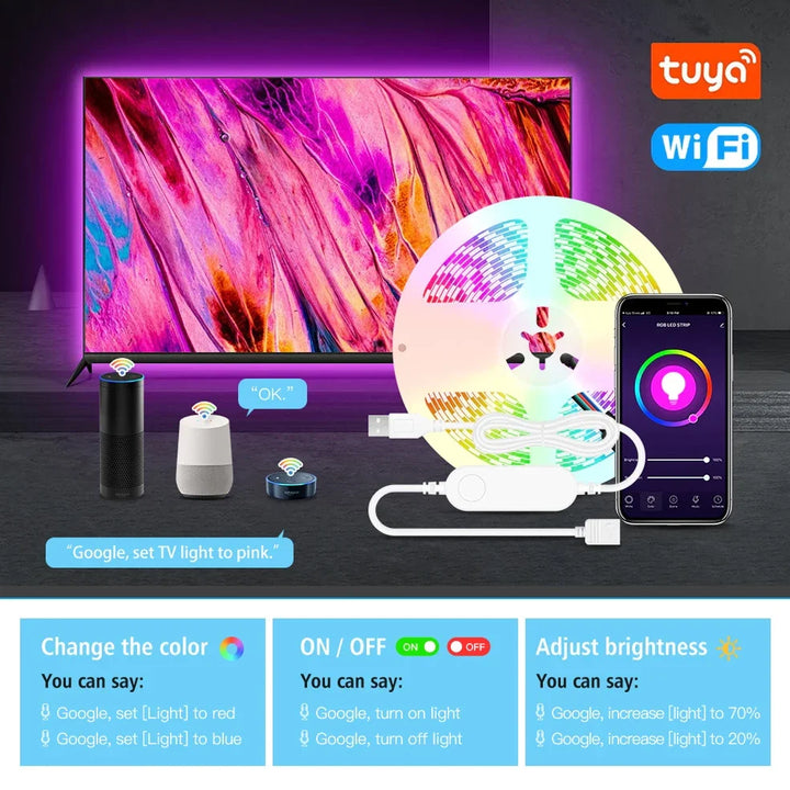USB TV Led Strip Light RGB Tape Tuya Smart Wifi Flexible Light Lamp Screen TV Backlight Alexa Google Support - 50CM 1M 2M 3M 4M - Vogue Vista UK