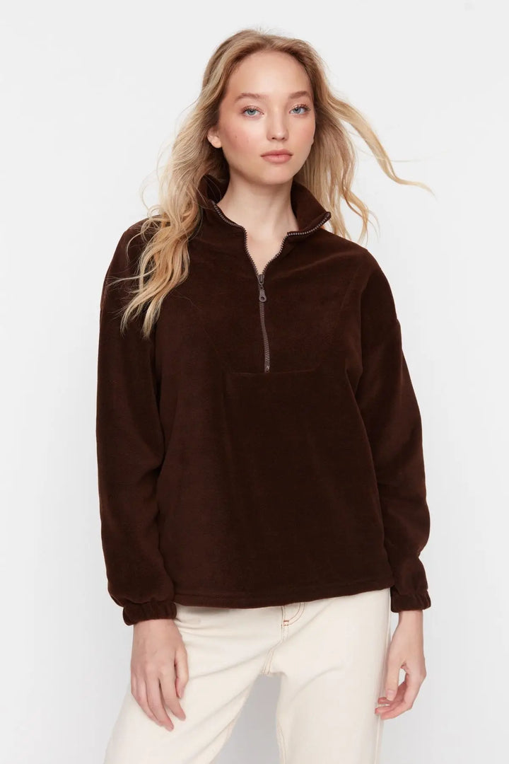 Trendyol TYZA Women's Hoodies & Sweatshirts Off-Shoulder Casual Knit Zipper Collar Plain Regular Fit Hoodies & Sweatshirts - Vogue Vista UK