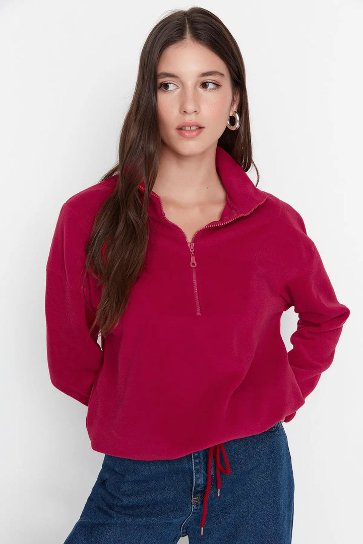Trendyol TYZA Women's Hoodies & Sweatshirts Off-Shoulder Casual Knit Zipper Collar Plain Regular Fit Hoodies & Sweatshirts - Vogue Vista UK