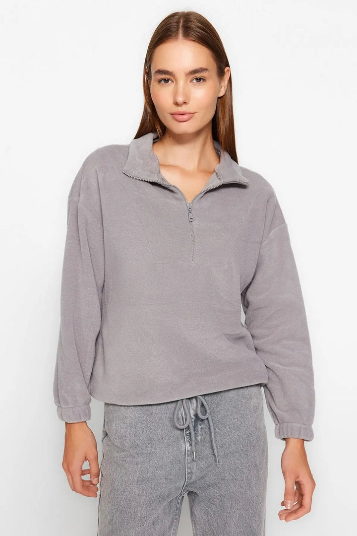 Trendyol TYZA Women's Hoodies & Sweatshirts Off-Shoulder Casual Knit Zipper Collar Plain Regular Fit Hoodies & Sweatshirts - Vogue Vista UK