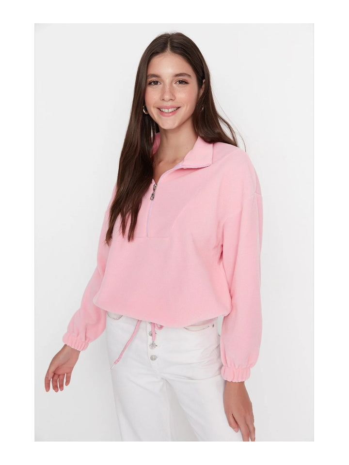 Trendyol TYZA Women's Hoodies & Sweatshirts Off-Shoulder Casual Knit Zipper Collar Plain Regular Fit Hoodies & Sweatshirts - Vogue Vista UK