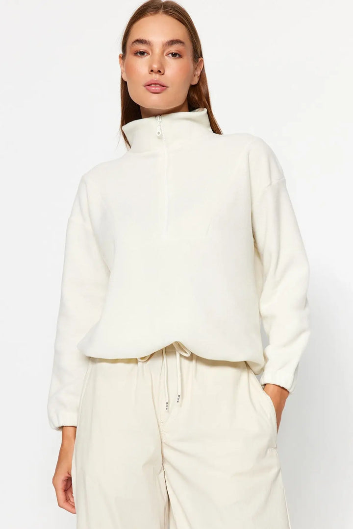 Trendyol TYZA Women's Hoodies & Sweatshirts Off-Shoulder Casual Knit Zipper Collar Plain Regular Fit Hoodies & Sweatshirts - Vogue Vista UK