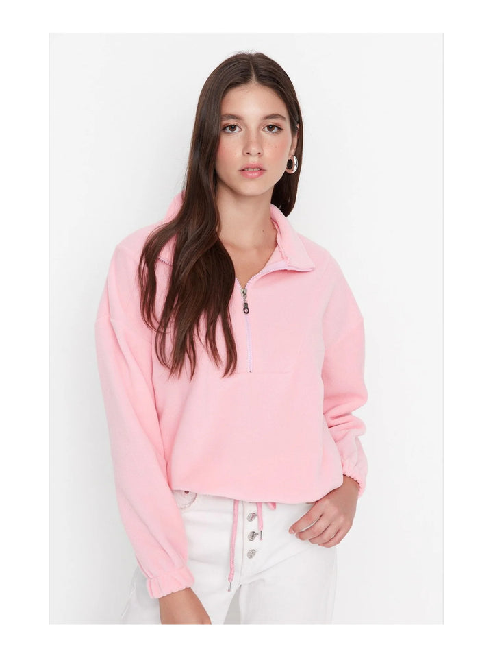 Trendyol TYZA Women's Hoodies & Sweatshirts Off-Shoulder Casual Knit Zipper Collar Plain Regular Fit Hoodies & Sweatshirts - Vogue Vista UK