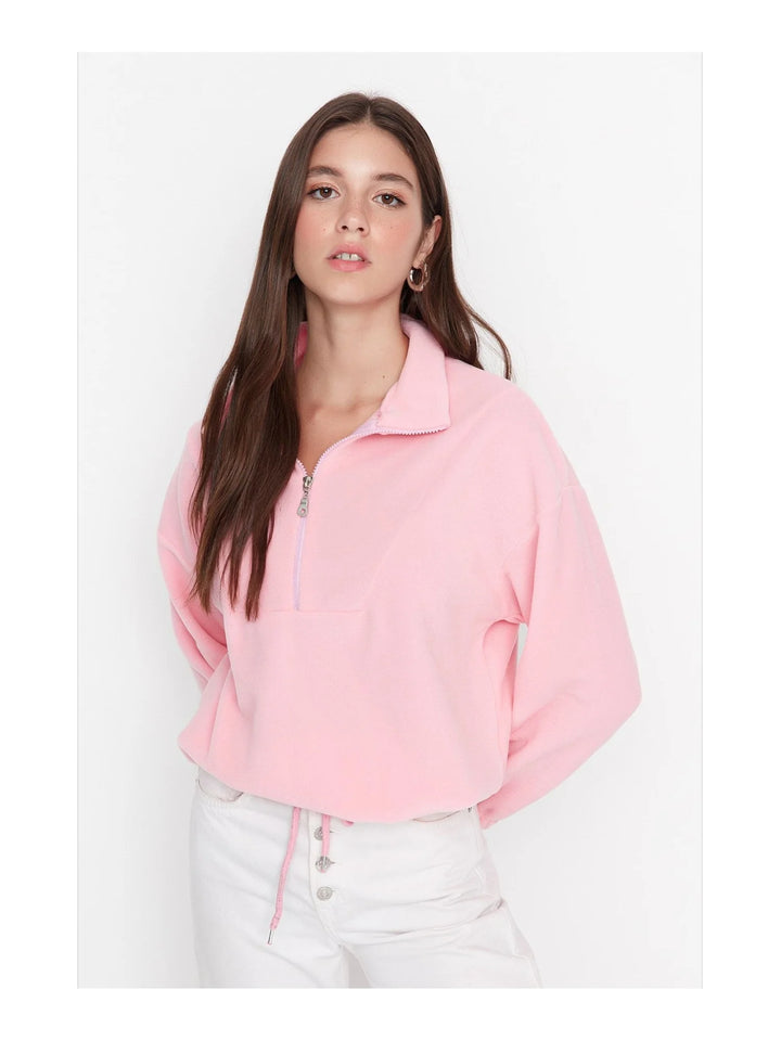 Trendyol TYZA Women's Hoodies & Sweatshirts Off-Shoulder Casual Knit Zipper Collar Plain Regular Fit Hoodies & Sweatshirts - Vogue Vista UK