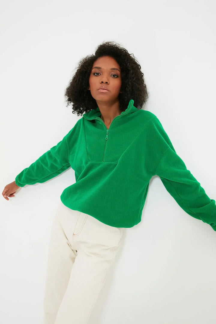 Trendyol TYZA Women's Hoodies & Sweatshirts Off-Shoulder Casual Knit Zipper Collar Plain Regular Fit Hoodies & Sweatshirts - Vogue Vista UK