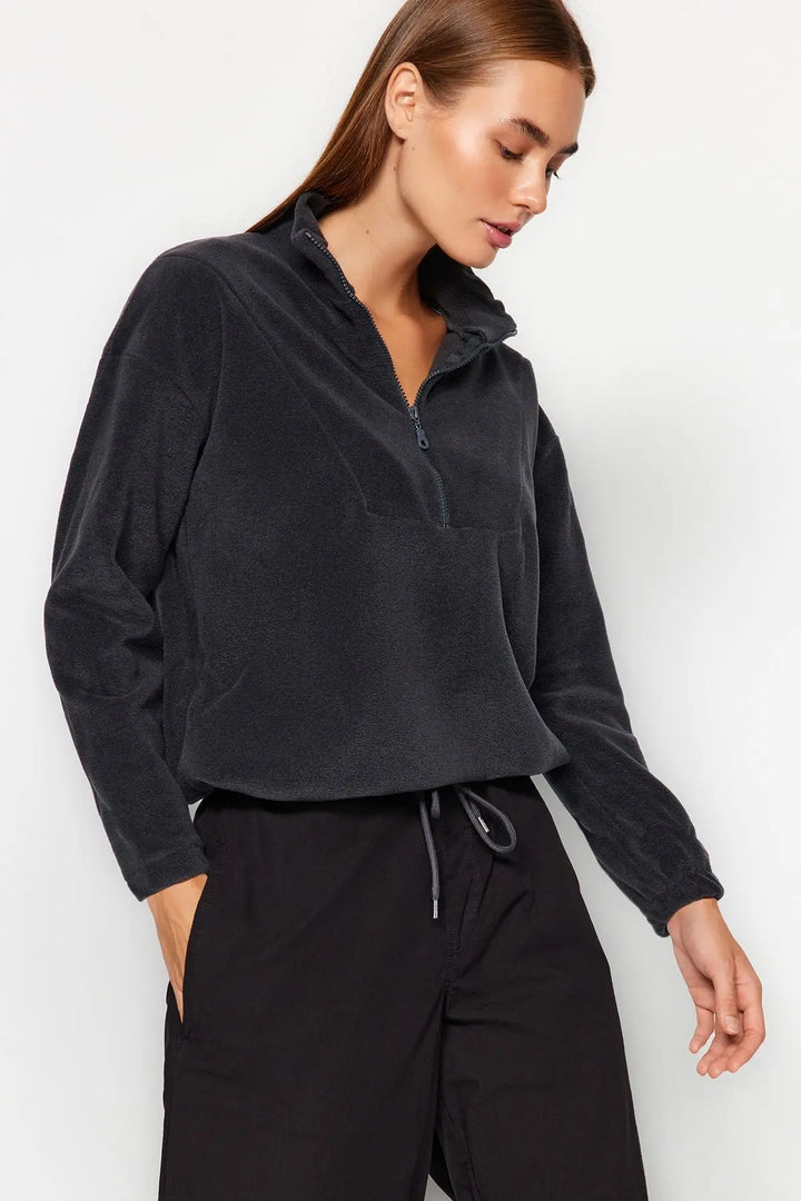 Trendyol TYZA Women's Hoodies & Sweatshirts Off-Shoulder Casual Knit Zipper Collar Plain Regular Fit Hoodies & Sweatshirts - Vogue Vista UK