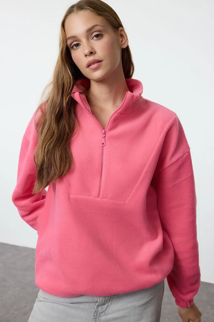 Trendyol TYZA Women's Hoodies & Sweatshirts Off-Shoulder Casual Knit Zipper Collar Plain Regular Fit Hoodies & Sweatshirts - Vogue Vista UK