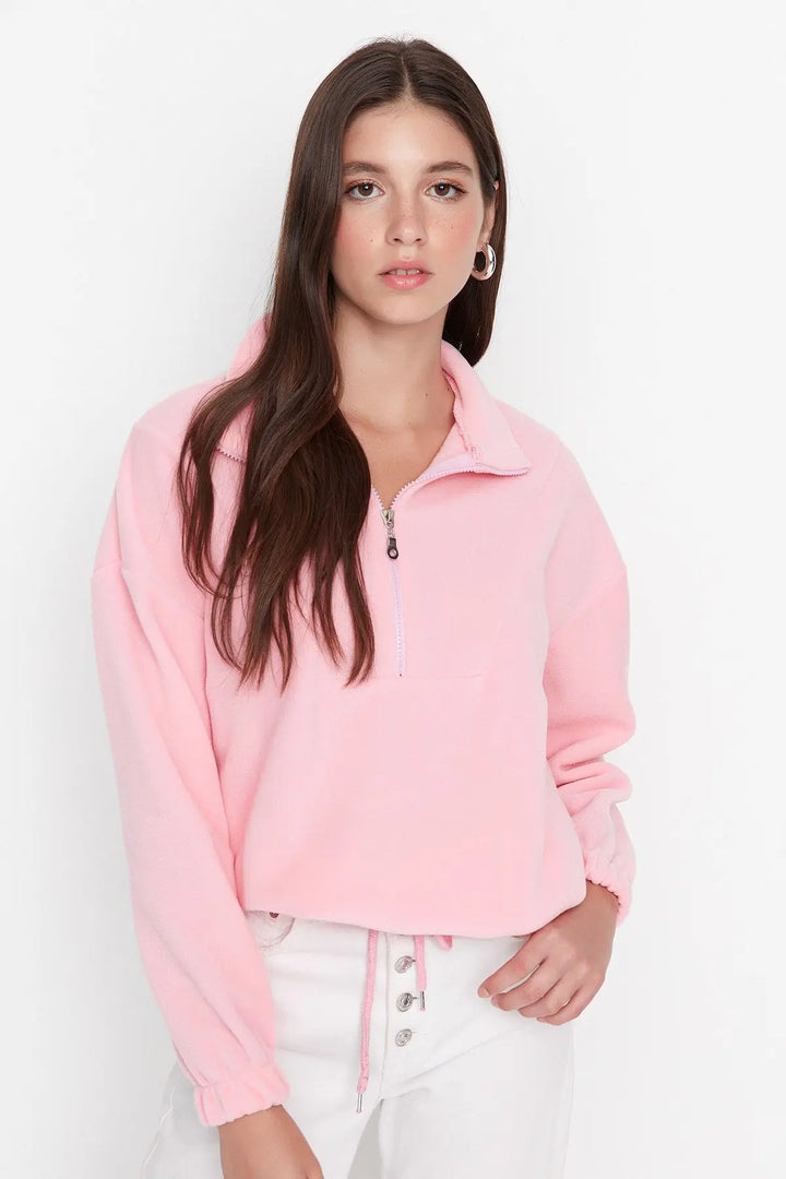 Trendyol TYZA Women's Hoodies & Sweatshirts Off-Shoulder Casual Knit Zipper Collar Plain Regular Fit Hoodies & Sweatshirts - Vogue Vista UK